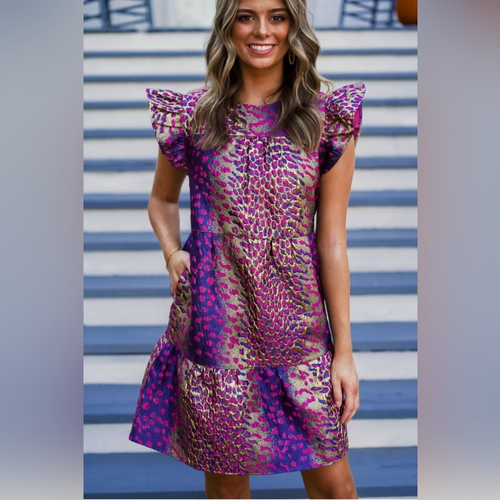 Anthropology (THML) gold pink & navy brocade dress w/flutter sleeves NWOT